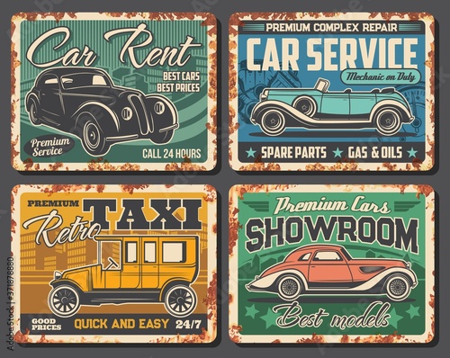 Taxi, car rent service, dealer showroom rusty metal plates. Retro limousine and coupe. Classic cars rent, taxi cab service, repair garage station, spare parts shop and showroom, salon vector banner