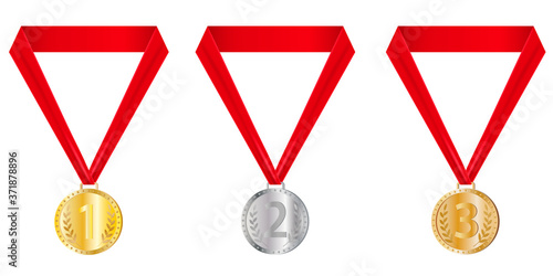 Gold, silver and bronze medals.Award medals with red ribbons.Medals for first, second and third place.A set of award medals isolated on a white background.Realistic vector illustration