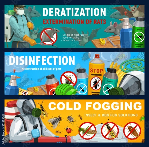 Pest control vector banners, disinfection, deratization. Insects and rodents extermination service with cold fogging and press sprayer. Exterminators fighting with vermin and parasites, disinsection