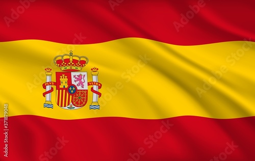Spanish flag, Spain country national identity, vector design with coat of arms and crown on yellow and red background. Foreign language, international travel symbol, realistic 3d waving Spanish flag