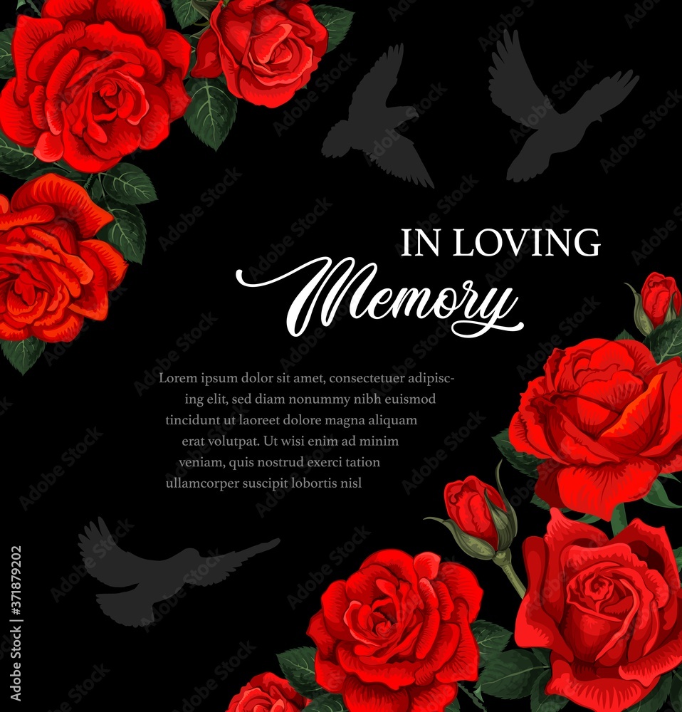 Funeral vector card with red rose flowers and doves silhouettes
