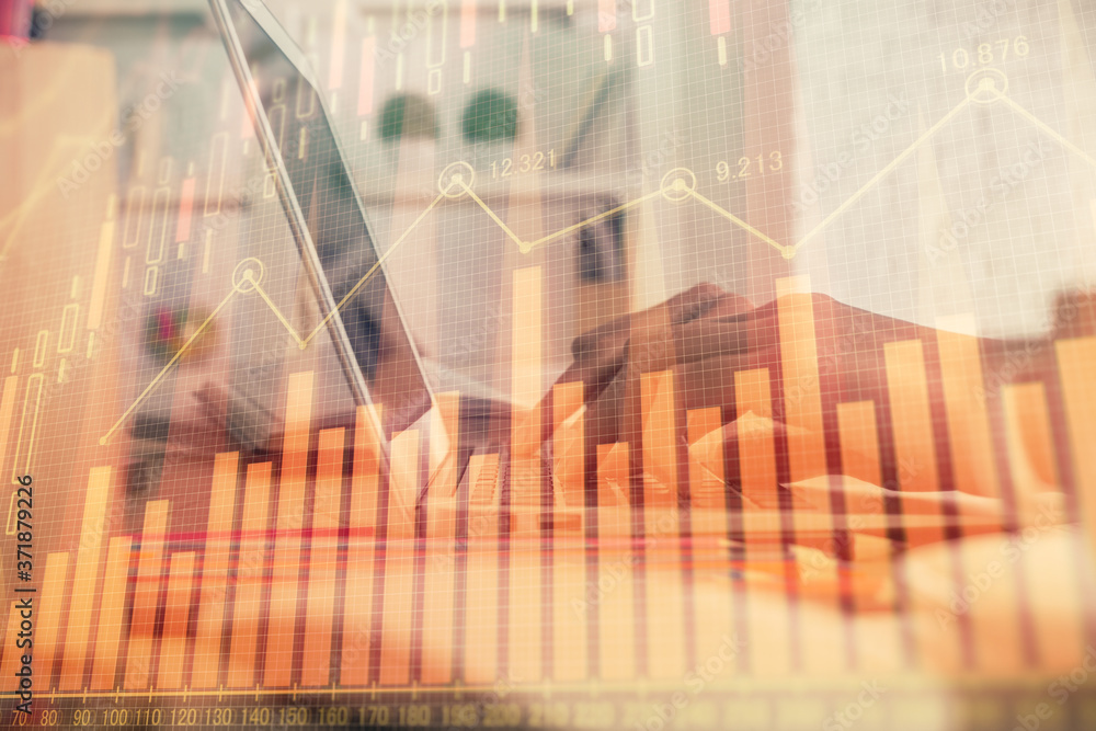 Double exposure of woman hands typing on computer and forex chart hologram drawing. Stock market invest concept. Double exposure of woman hands typing on computer and forex chart hologram drawing. Stock market invest concept.