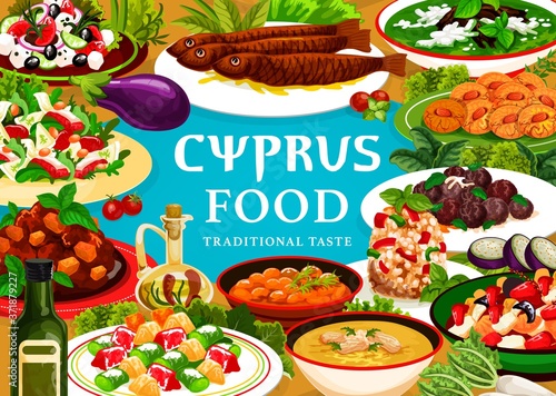 Cyprus food vector meals pilaf in larnakski style, grilled sea fish and zucchini meatballs, greek delight, avgolemno or salad with grapefruit and goat cheese, bean salad. Cyprian cuisine dishes poster