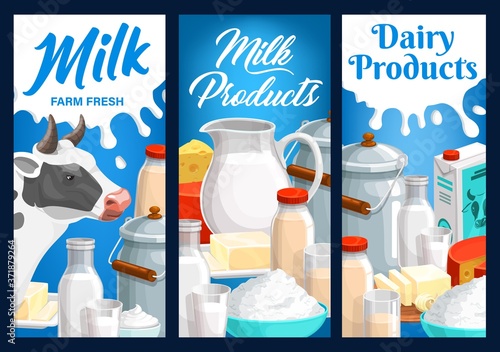 Dairy food and milk farm products. Vector metal can, jug cream, yogurt and butter on plate, cheese, kefir, condensed or fermented baked milk, curd and cow. Natural dairy production cartoon banners set