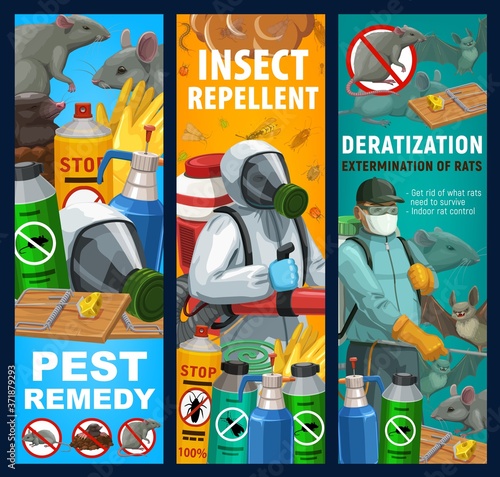Pest control sanitary service vector banners. Disinfestation and deratization with insecticides, domestic disinfection and fumigation of bugs, rodents and insects repellents and pests toxic remedy
