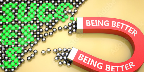 Being better attracts success - pictured as word Being better on a magnet to symbolize that Being better can cause or contribute to achieving success in work and life, 3d illustration