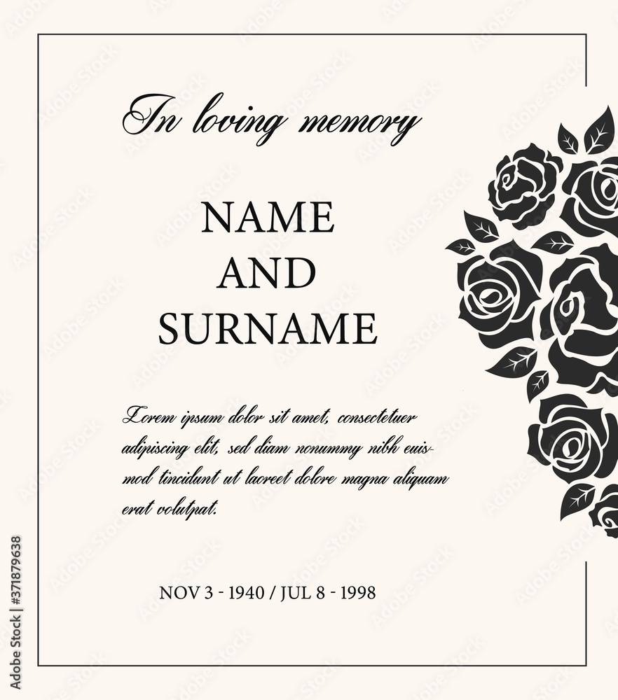 Funeral card vector template, vintage condolence obituary with typography in loving memory and vintage rose flowers, place for name, birth and death dates. Mourning memorial, funereal card, necrologue