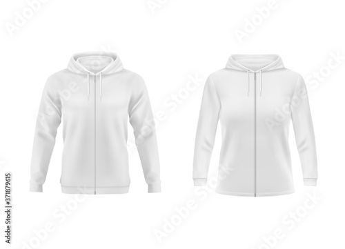 Hoodie, white sweatshirt vector mockup for men and women front view. Isolated hoody with long sleeves, zipper and drawstrings. Sport, casual or urban clothing, teenagers fashion, realistic 3d mock up