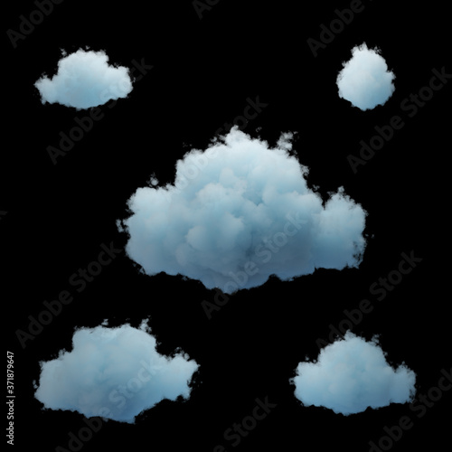 3d render. Abstract blue clouds collection, isolated on black background. Weather forecast symbol. Cumulus clip art set. Sky design elements