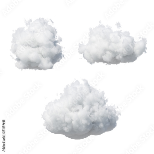 3d render. Abstract fluffy white clouds isolated on white background. Weather forecast symbol. Cumulus clip art collection. Sky design elements set