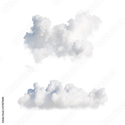 3d render. Shapes of abstract white clouds. Cumulus different perspective views, clip art isolated on white background.