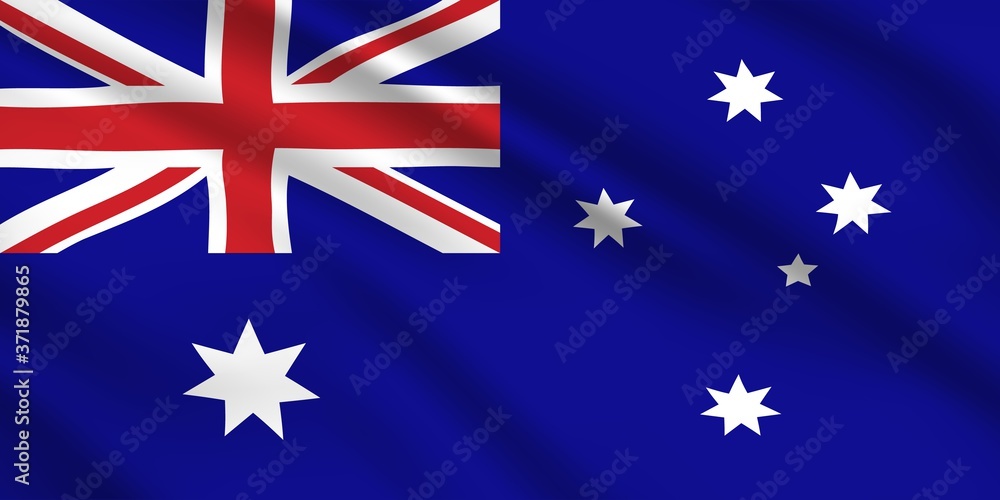 Fototapeta premium Australian flag, Australia country national identity, vector design with seven pointed white stars and red stripes on blue background. Foreign language, culture, realistic 3d waving Australian flag
