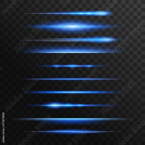 Blue and neon light flashes, glow vector lines. Glowing illumination of lens or starlight beams, bursts and sparkles. Isolated horizontal linear sparkling rays traces, shiny explosion, twinkling flash