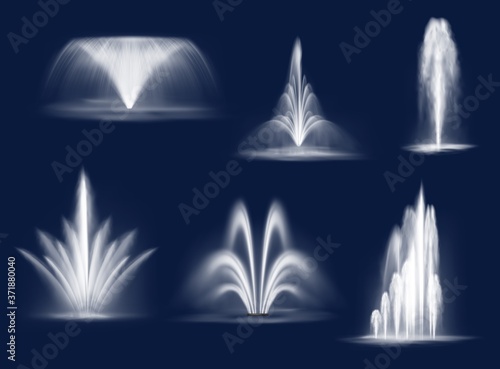 Fototapeta Fountains cascades, isolated vector water jets and white streams