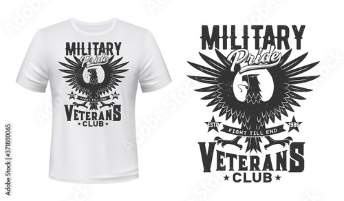 Eagle print for t-shirt mockup, military veterans club grunge emblem. Gothic eagle or condor hawk bird mascot of fight club or army soldiers symbol with wings, tongue and claws for t shirt print photo