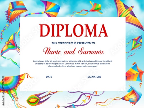 School diploma vector template with cartoon kites flying in blue cloudy sky. Education school or kindergarten student certificate frame for kitesurfing festival with bright kites of different shapes