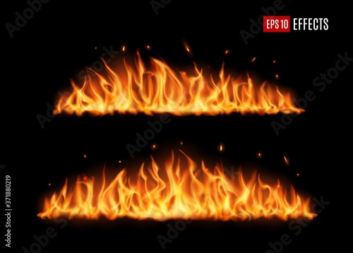 Long burning fire tongues, realistic vector flame with particles, flying sparks and embers. Burning blaze effect, glowing shining flare border, isolated 3d fire design element on black background