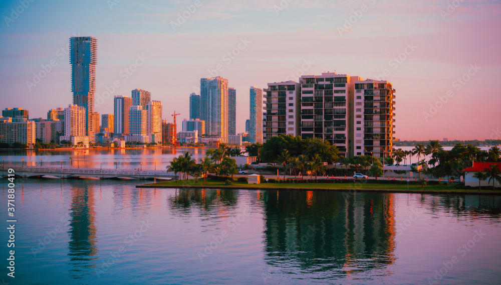 miami skyline at sunset florida city buildings downtown reflection 