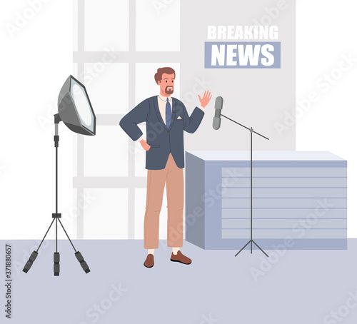 TV news studio with broadcaster. Vector illustration