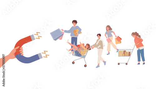Business man hand with magnet attracting customers. Group of people Shopping with bags and shopping baskets vector