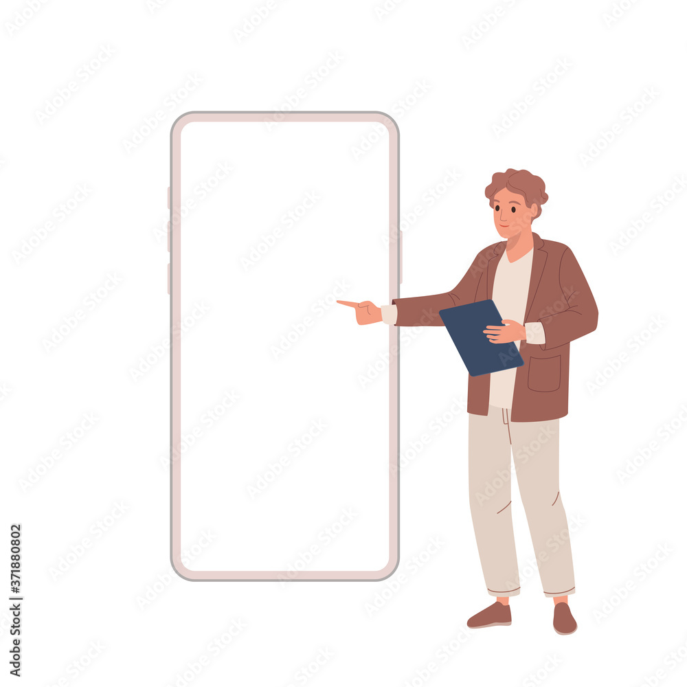 Digital marketing. Young guy makes presentation shows on smartphone Digital marketing. Young guy makes presentation shows on smartphone