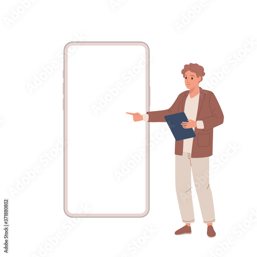 Digital marketing. Young guy makes presentation shows on smartphone