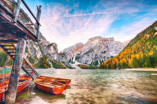 Marvelous scenery of famous alpine lake Braies at autumn.
