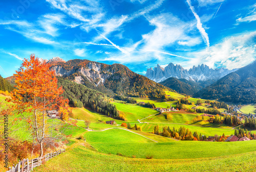 Colorful autumn scene of magnificent Santa Maddalena village in Dolomites