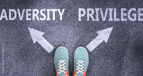 Adversity and privilege as different choices in life - pictured as words Adversity, privilege on a road to symbolize making decision and picking either one as an option, 3d illustration