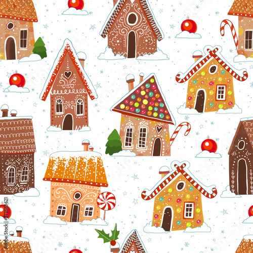 Seamless pattern with cartoon house gingerbread cookies. Can be used for wallpaper, pattern fills, textile, web page background, surface textures.