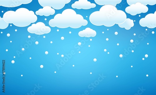 Clouds with snow. Blue sky with snowy clouds and falling snow. Winter background template for Merry Christmas and New Year. Vector illustration