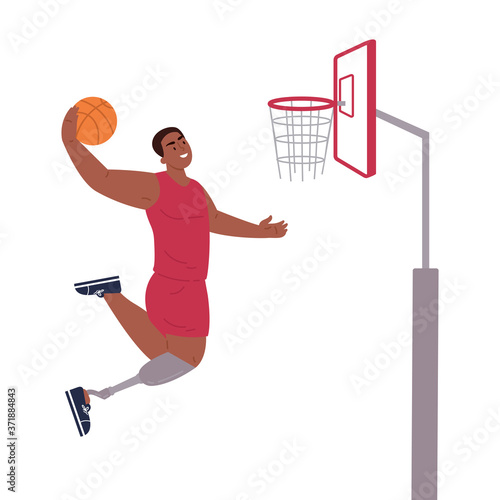 Disabled man with bionic leg.Daily activities and fun.A young man runs,plays basketball,dances.Vector flat style cartoon illustration on white background