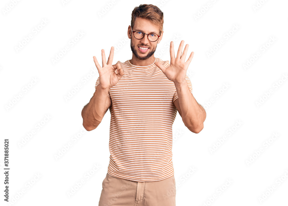 Young caucasian man wearing casual clothes and glasses showing and pointing up with fingers number eight while smiling confident and happy. Young caucasian man wearing casual clothes and glasses showing and pointing up with fingers number eight while smiling confident and happy.