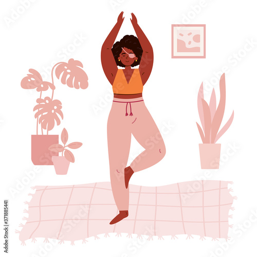 Disabled blind woman with bandage practices yoga in her room.Daily activities and fun.Home interior.Mindfulness practices.Meditative pose.Vector flat style cartoon illustration.