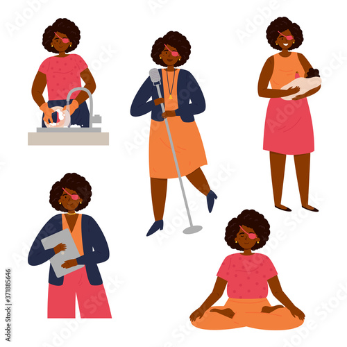 Disabled blind woman with bandage.Daily activities and fun.A woman practices yoga,washes the dishes,nurses the baby,sings into the microphone,works.Vector flat style illustration,white background