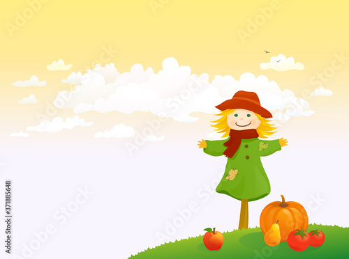 Autumn scarecrow and sunset sky background
