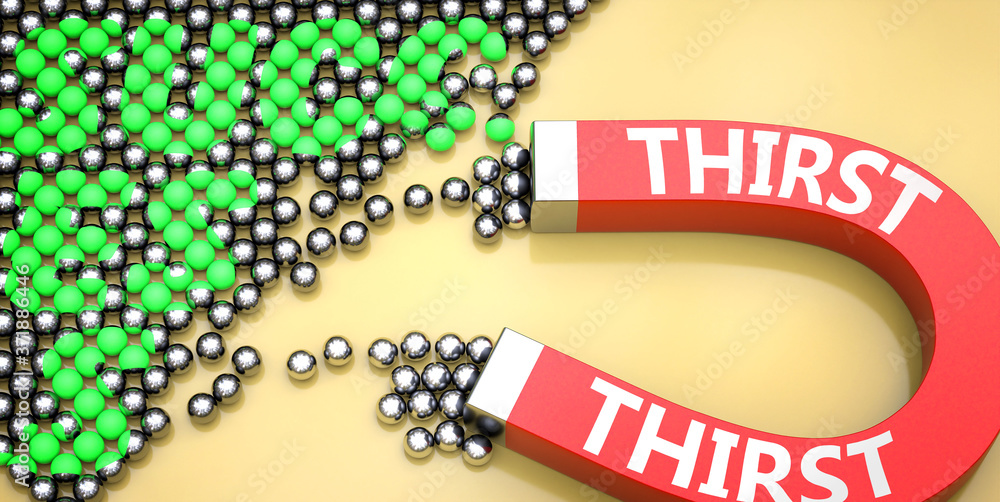 Thirst attracts success - pictured as word Thirst on a magnet to symbolize that Thirst can cause or contribute to achieving success in work and life, 3d illustration Thirst attracts success - pictured as word Thirst on a magnet to symbolize that Thirst can cause or contribute to achieving success in work and life, 3d illustration