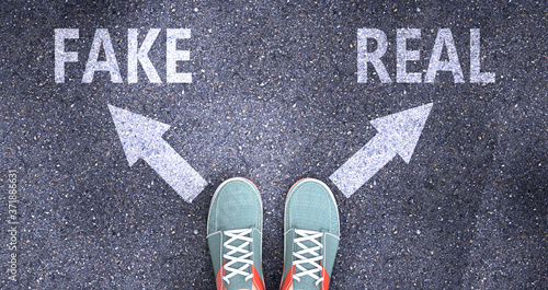 Fake and real as different choices in life - pictured as words Fake, real on a road to symbolize making decision and picking either Fake or real as an option, 3d illustration
