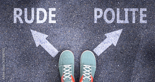 Rude and polite as different choices in life - pictured as words Rude, polite on a road to symbolize making decision and picking either Rude or polite as an option, 3d illustration