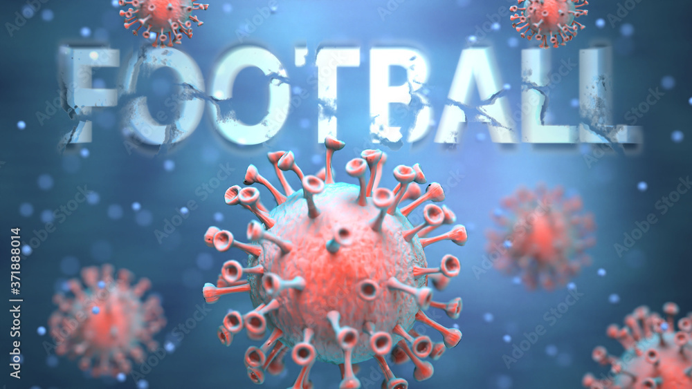 Covid and football, pictured as red viruses attacking word football to symbolize turmoil, global world problems and the relation between corona virus and football, 3d illustration