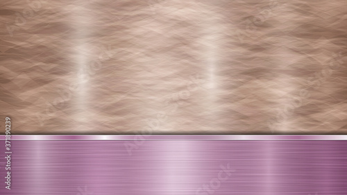 Background consisting of a bronze shiny metallic surface and one horizontal polished purple plate located below, with a metal texture, glares and burnished edges