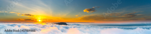 Panorama white fog cloud with sunrise