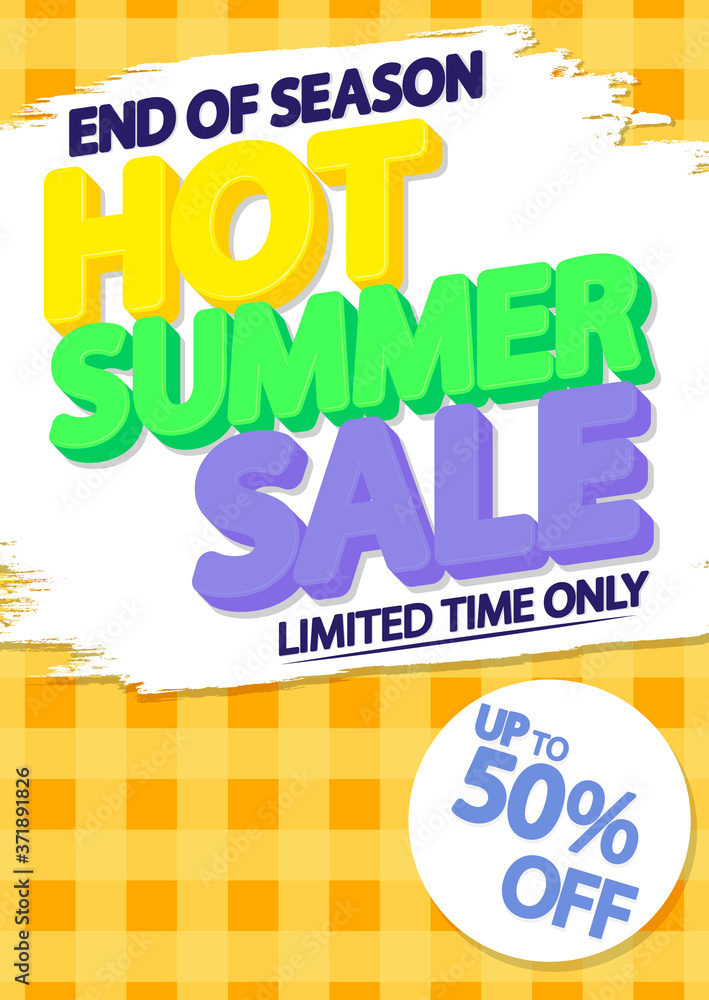 Hot Summer Sale up to 50% off, poster design template, end of season, discount banner, vector illustration Hot Summer Sale up to 50% off, poster design template, end of season, discount banner, vector illustration