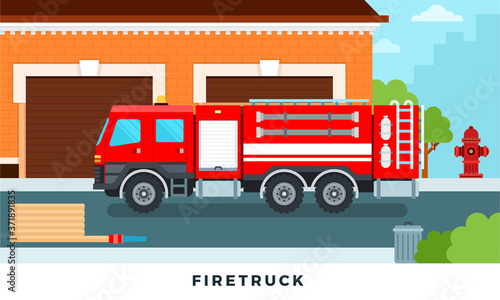 Fire engine truck emergency vehicle in modern vector flat set illustration. Staff and fire trucks in front of station