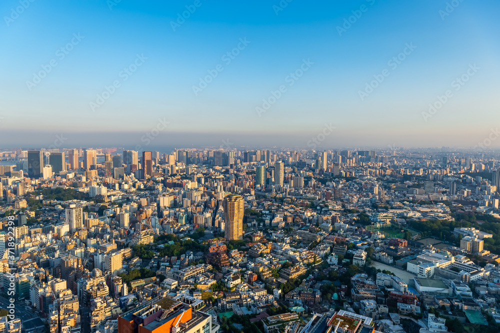 Fototapeta premium 東京都港区六本木の高層ビルの展望台から見た夕方の東京の都市景観