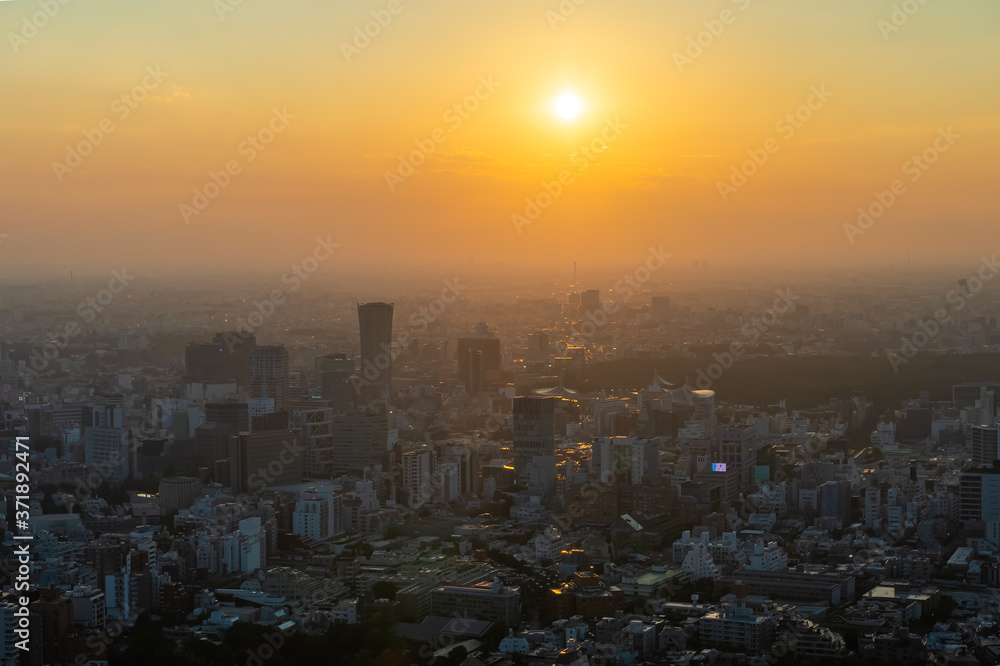 Fototapeta premium 東京都港区六本木の高層ビルの展望台から見た夕方の東京の都市景観
