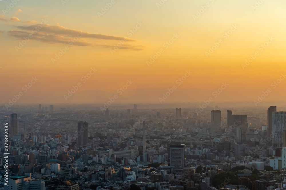 Fototapeta premium 東京都港区六本木の高層ビルの展望台から見た夕方の東京の都市景観