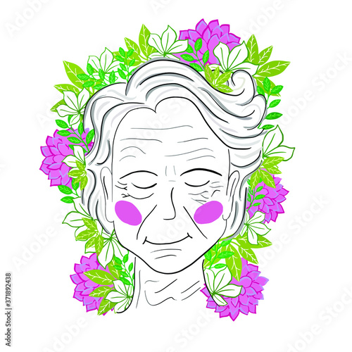 Uma ilustração linear de uma idosa com desenhos florais ao redor de sua cabeça, representando sabedoria e conexão com a natureza. Ilustração vetorial