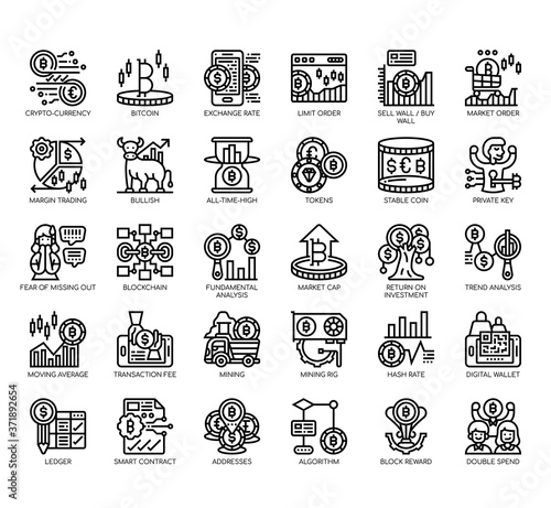 Set of cryptocurrency thin line and pixel perfect icons for any web and app project
