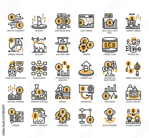 Set of cryptocurrency thin line and pixel perfect icons for any web and app project.